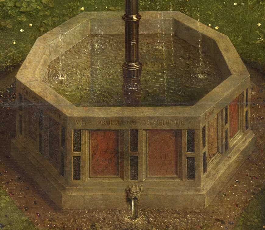 Fountain (detail) Adoration of the Mystic Lamb, Jan van Eyck, Ghent Altarpiece (open), completed 1432, oil on wood, 11 feet 5 inches x 15 feet 1 inch (open), Saint Bavo Cathedral, Ghent, Belgium (photo: Closer to Van Eyck)